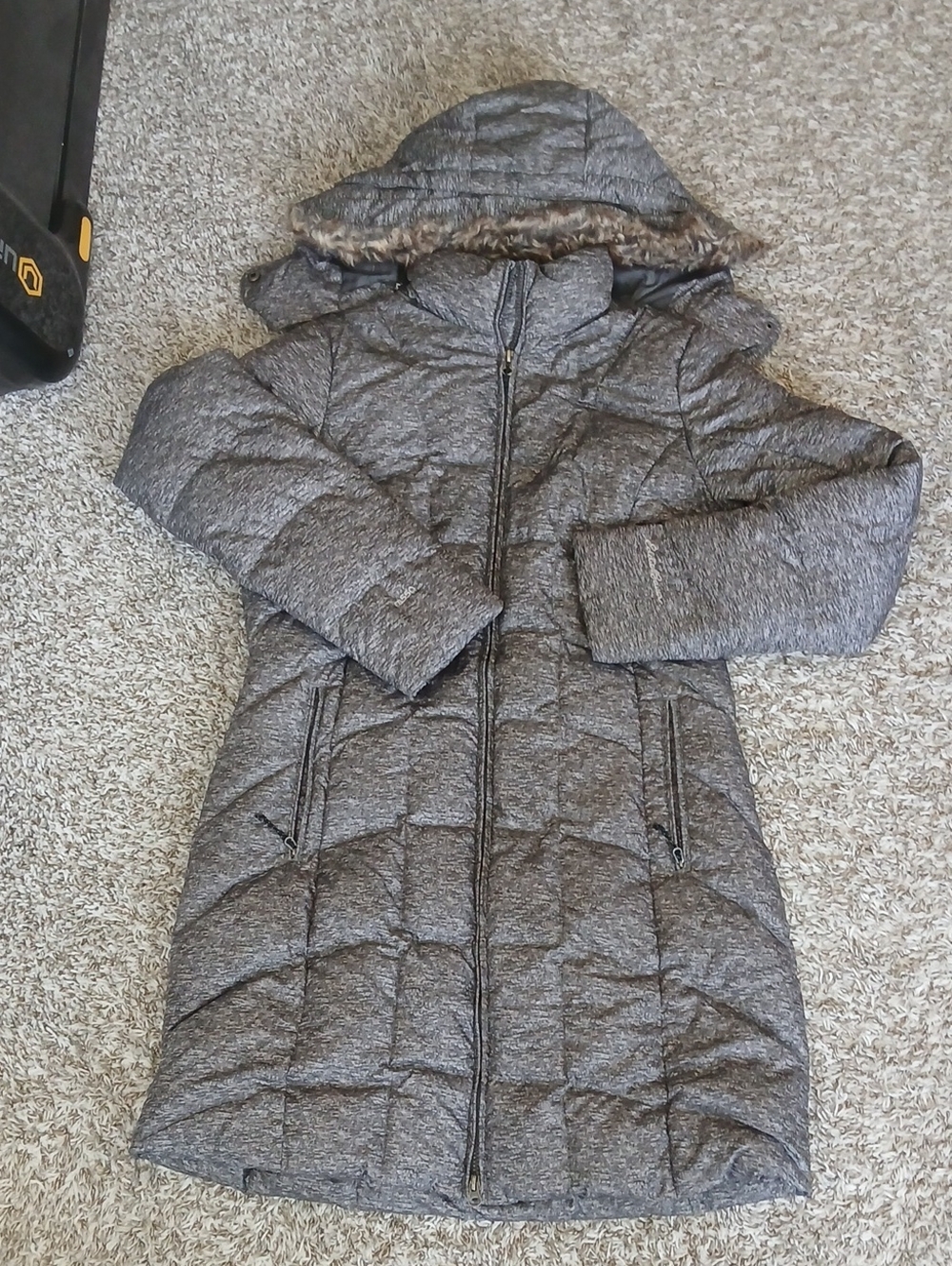 Eddie Bauer 550 Down Heather Gray Quilted Hooded Puffer Coat with Fur Trim Sz M